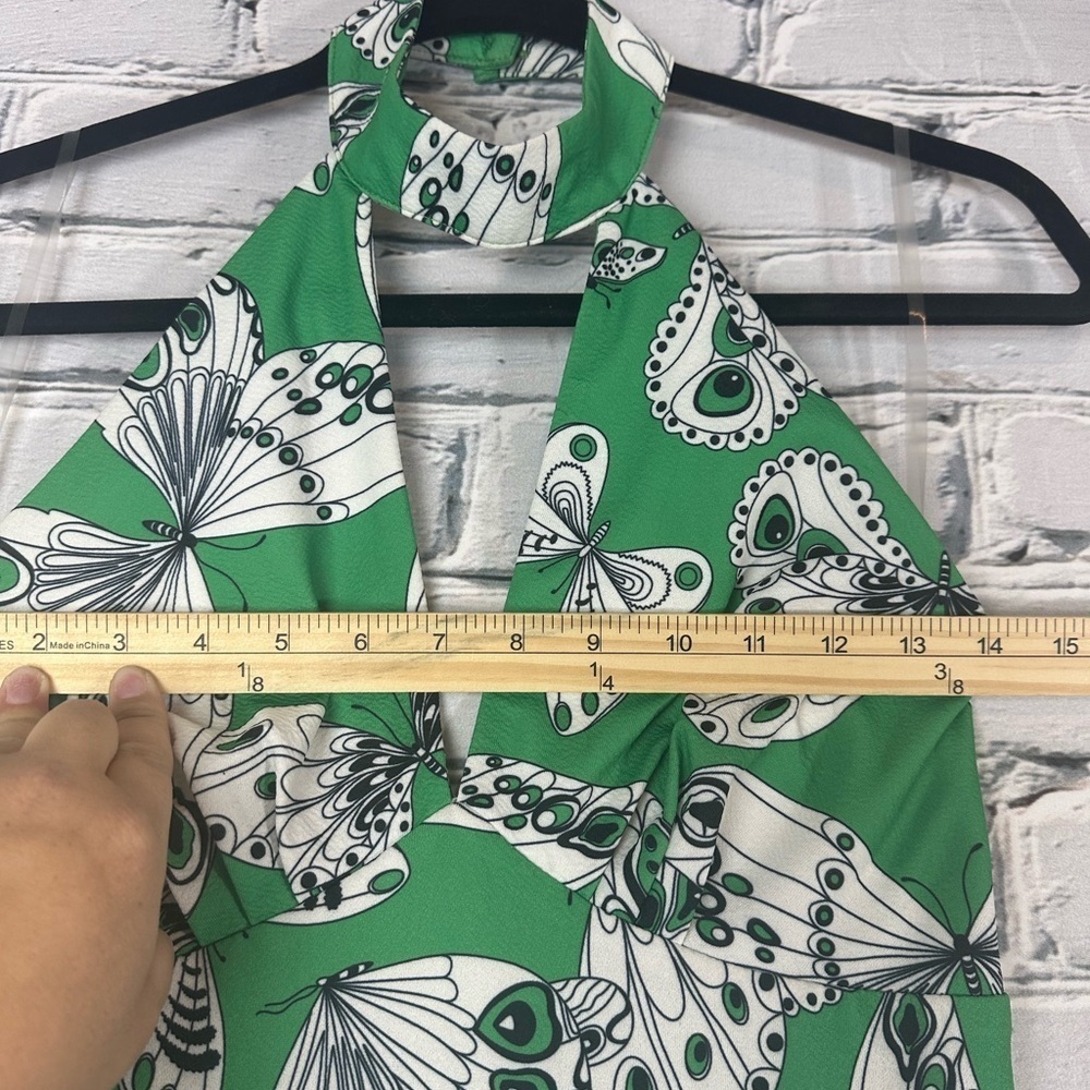 Unique Vintage Smak Parlour Butterfly Halter Flare Jumpsuit Green Medium 6/8 70s - Picture 12 of 13